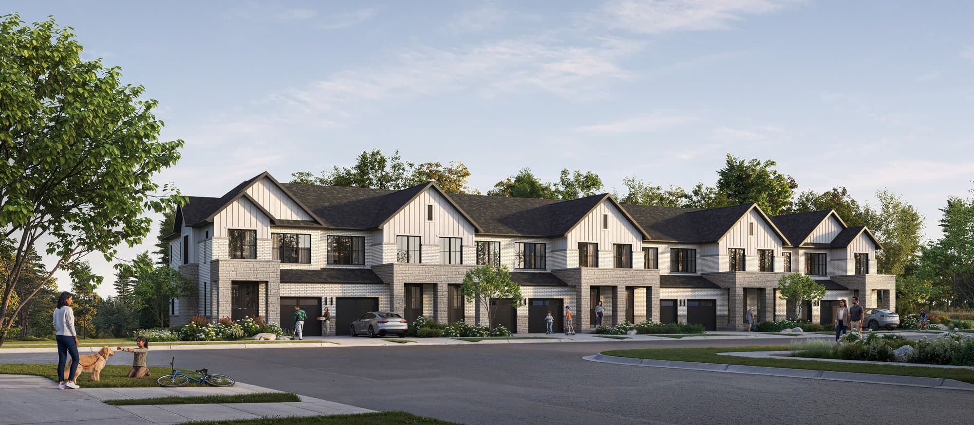 Artist's concept of Cornerstone townhomes on a landscaped street in Northwest Brampton.